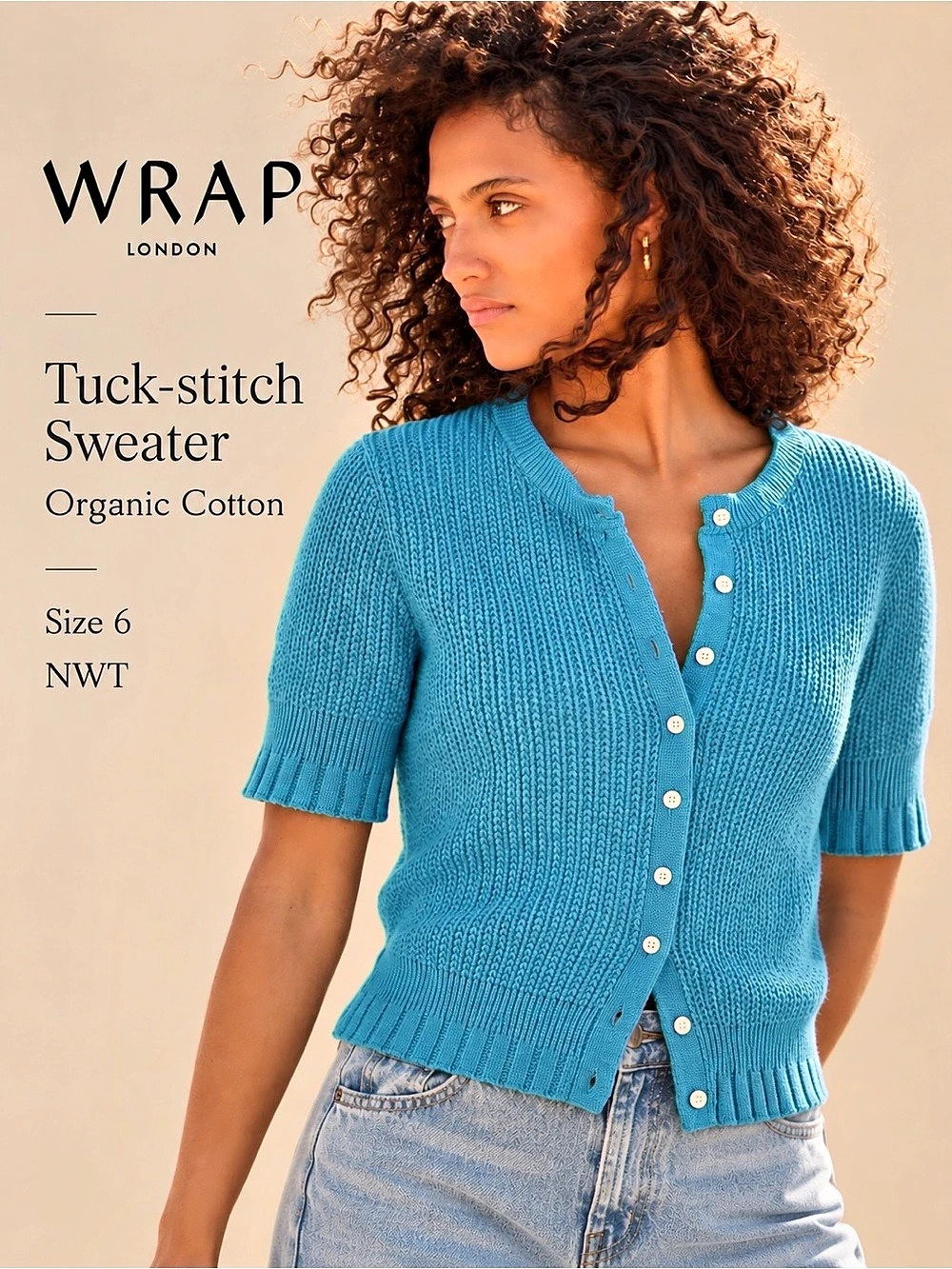 Wrap London Tuck-Stitch Sweater Bright Cerulean Organic Cotton Cardigan Size 6 N